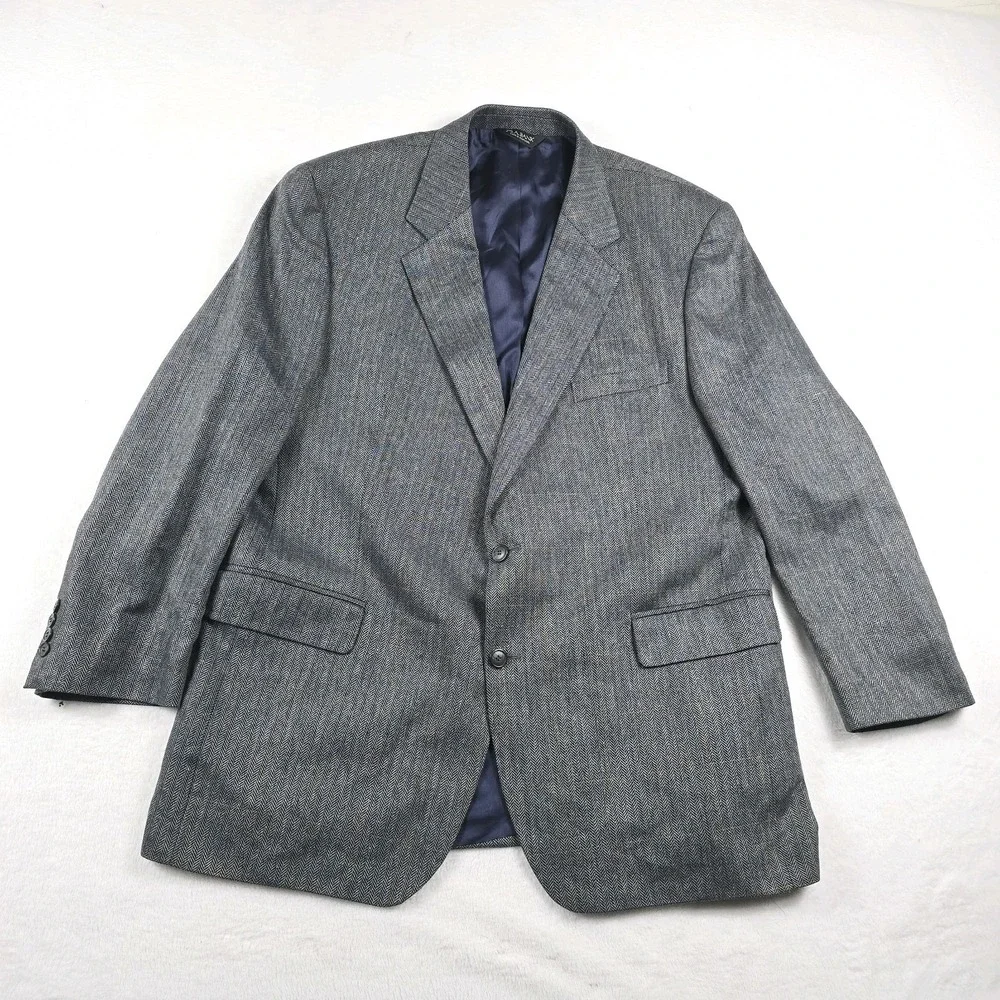 Jos A Bank Silk Herringbone Windowpane Men's 46R Gray 2-Button Blazer Sport Coat